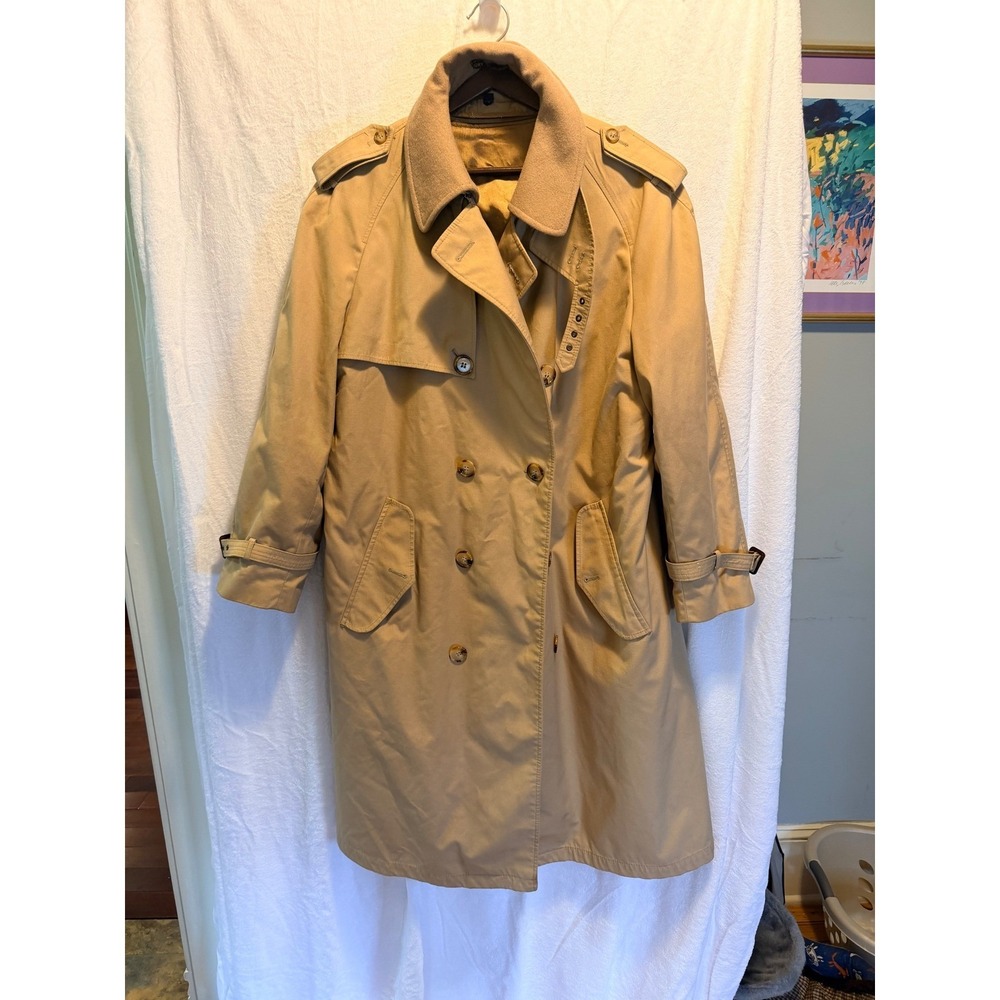 London Fog Mens Tan Double Breasted Trench Coat Removable Liner Khaki 44R